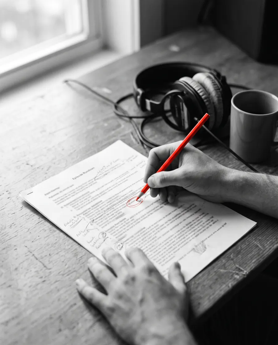 Mains qui annotent au crayon rouge le déroulé imprimé d'un épisode