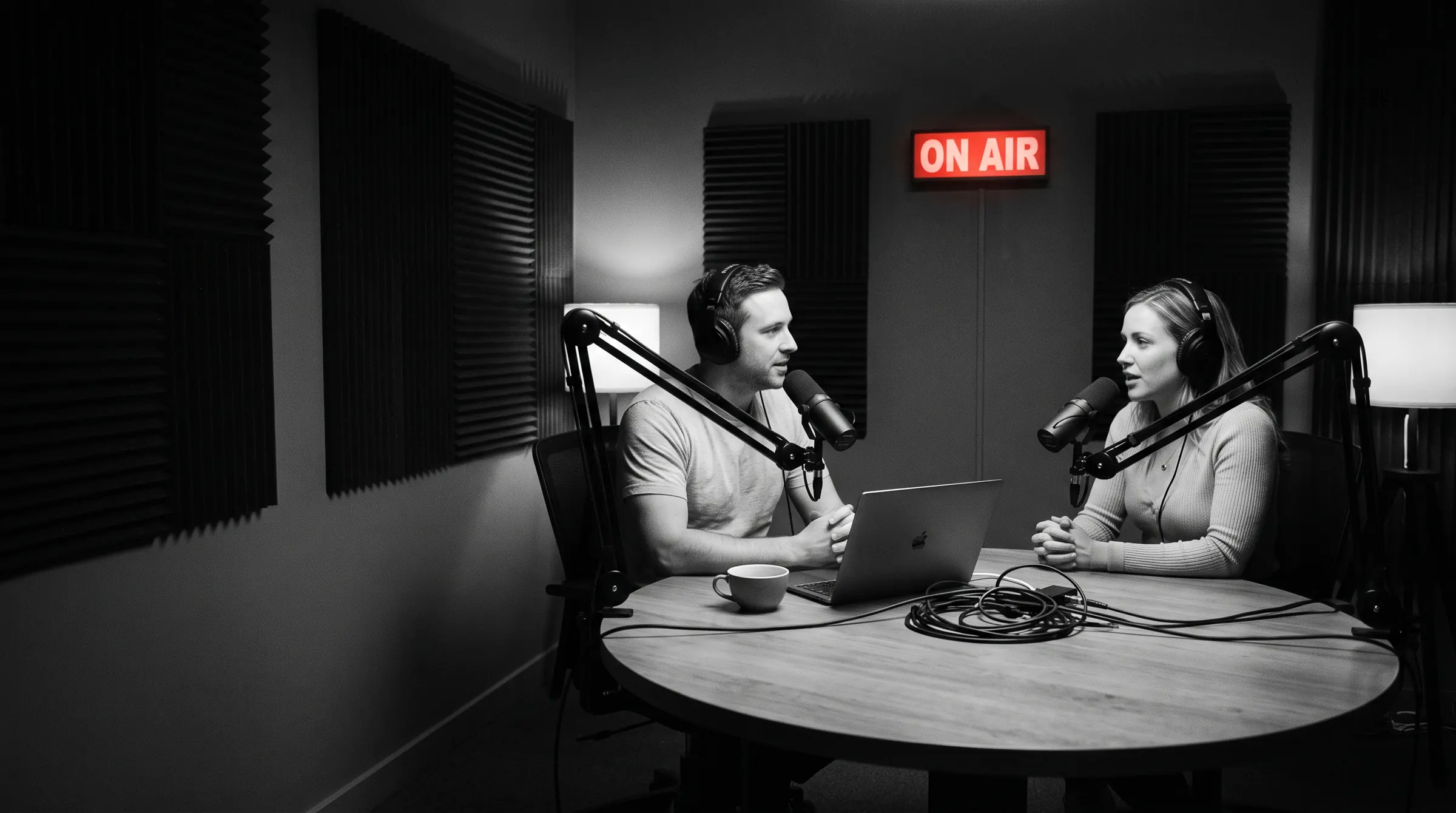 Deux animateurs enregistrent un podcast face à face dans un studio, enseigne ON AIR allumée au mur