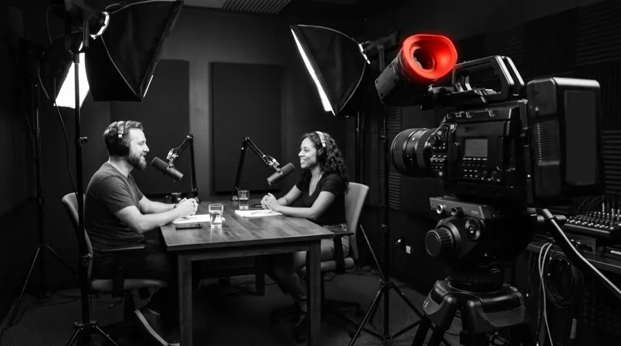 Tournage d'un podcast vidéo : une caméra filme deux animateurs à leur table